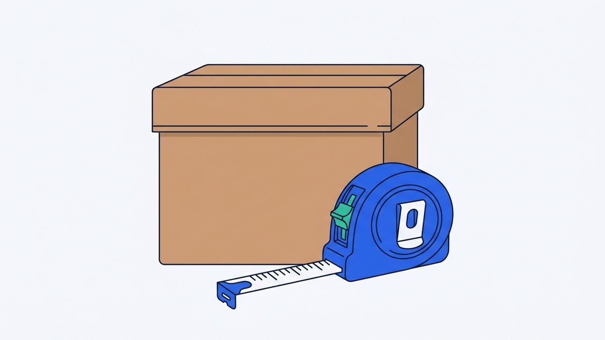 a cardboard shipping carton and a tape measure