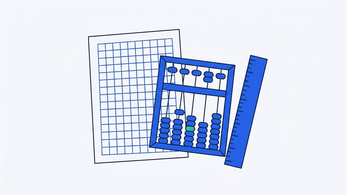 a sheet of grid paper, an abacus, and a ruler
