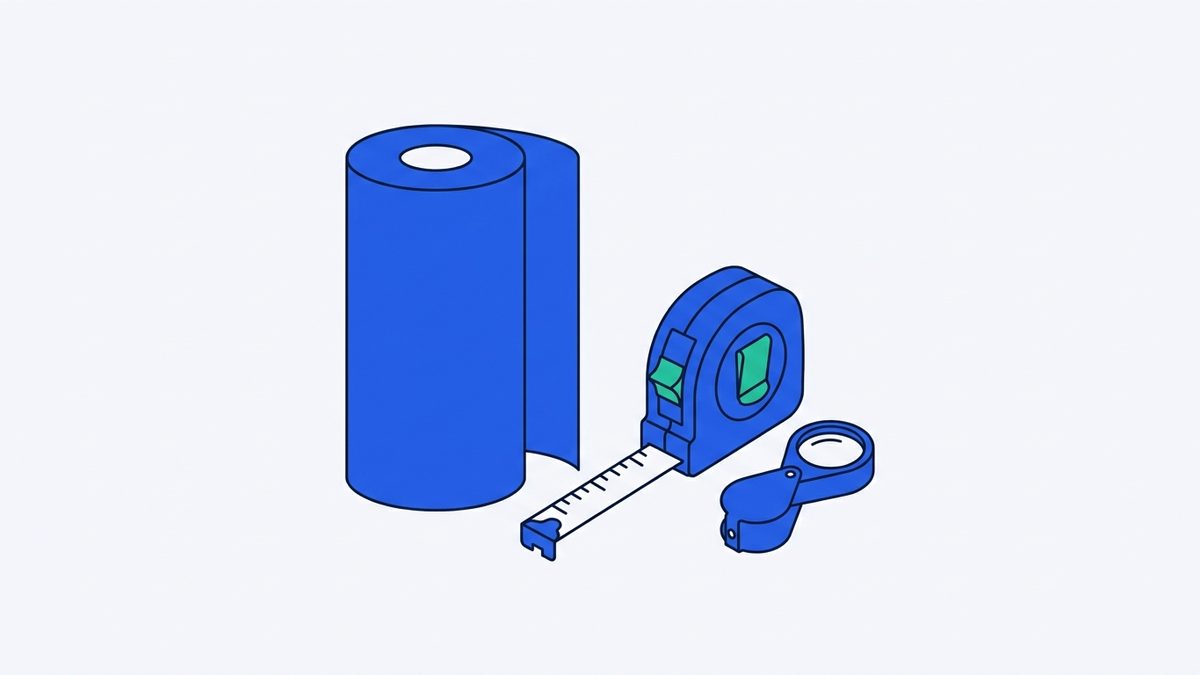 a roll of banner vinyl, a tape measure, and a pocket loupe