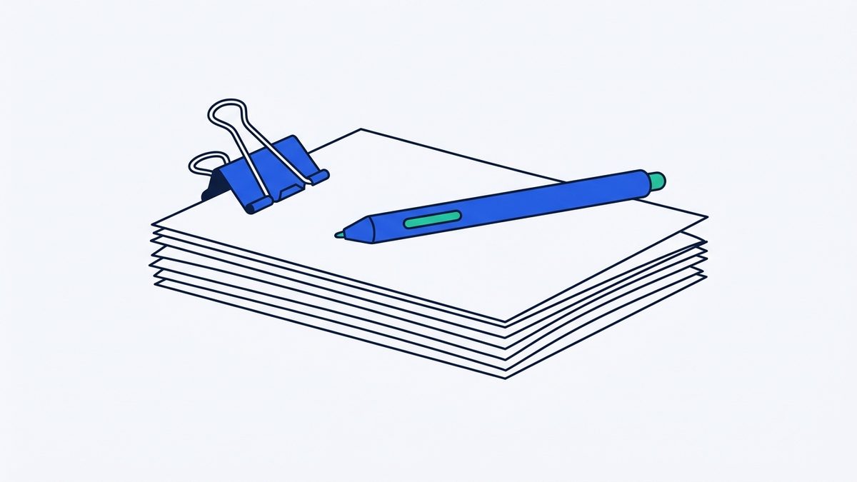 a stack of loose printed sheets, a binder clip, and a stylus pen