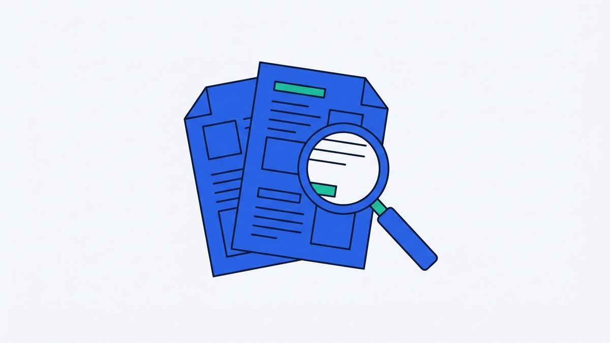 two sheets of printed paper side by side and a magnifying glass