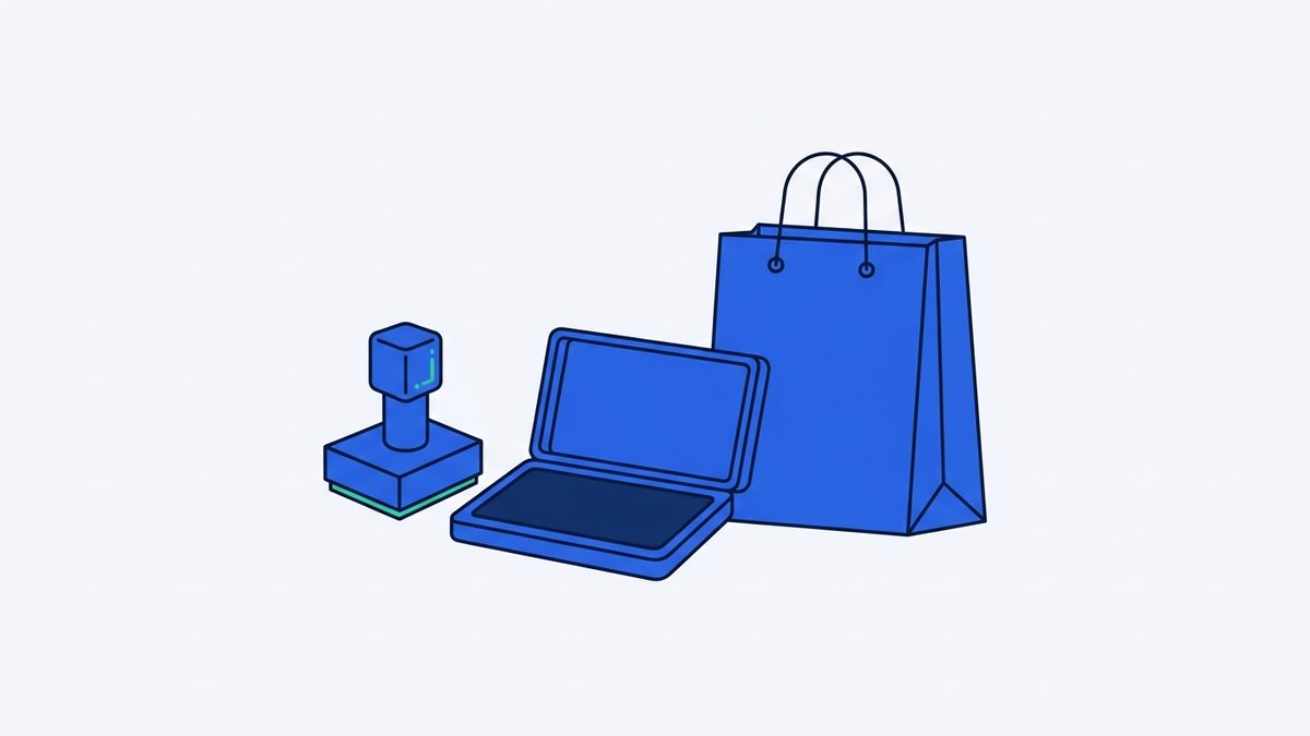 a square stamp, an ink pad, and a shopping bag