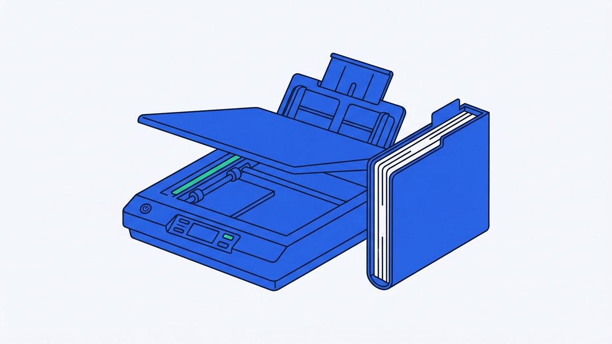 an office document scanner and a thick folder
