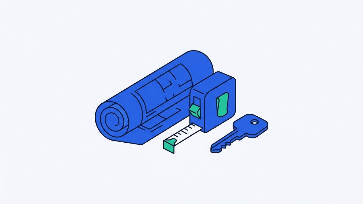 a rolled-up blueprint, a tape measure, and a house key