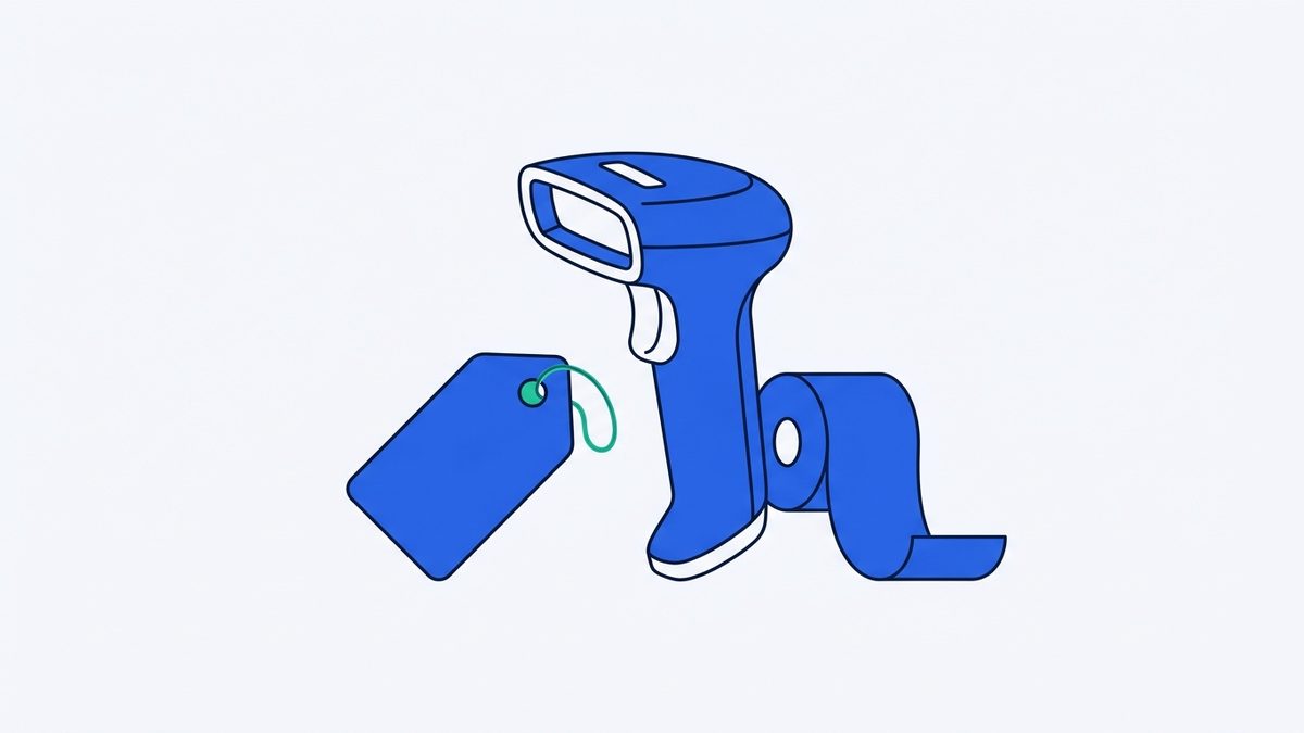 a handheld barcode scanner, a price tag, and a receipt roll
