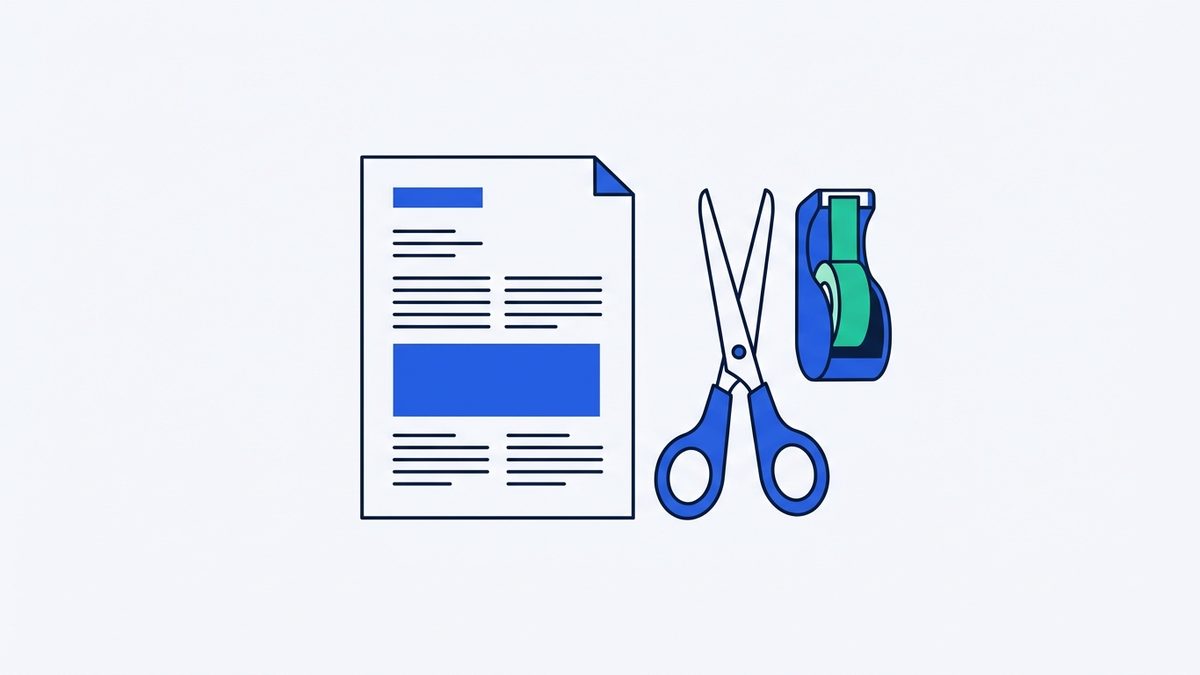 a printed document, a pair of scissors, and a roll of tape