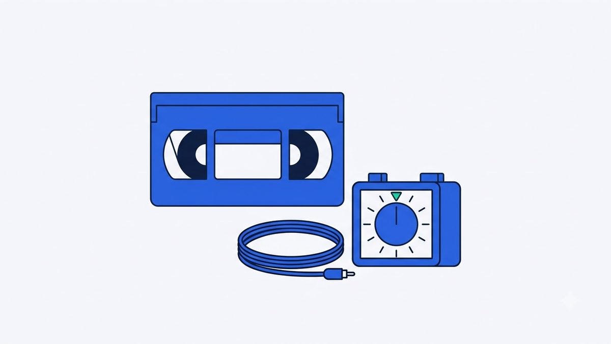 A video cassette and a timer illustrating simple browser-based video recording.
