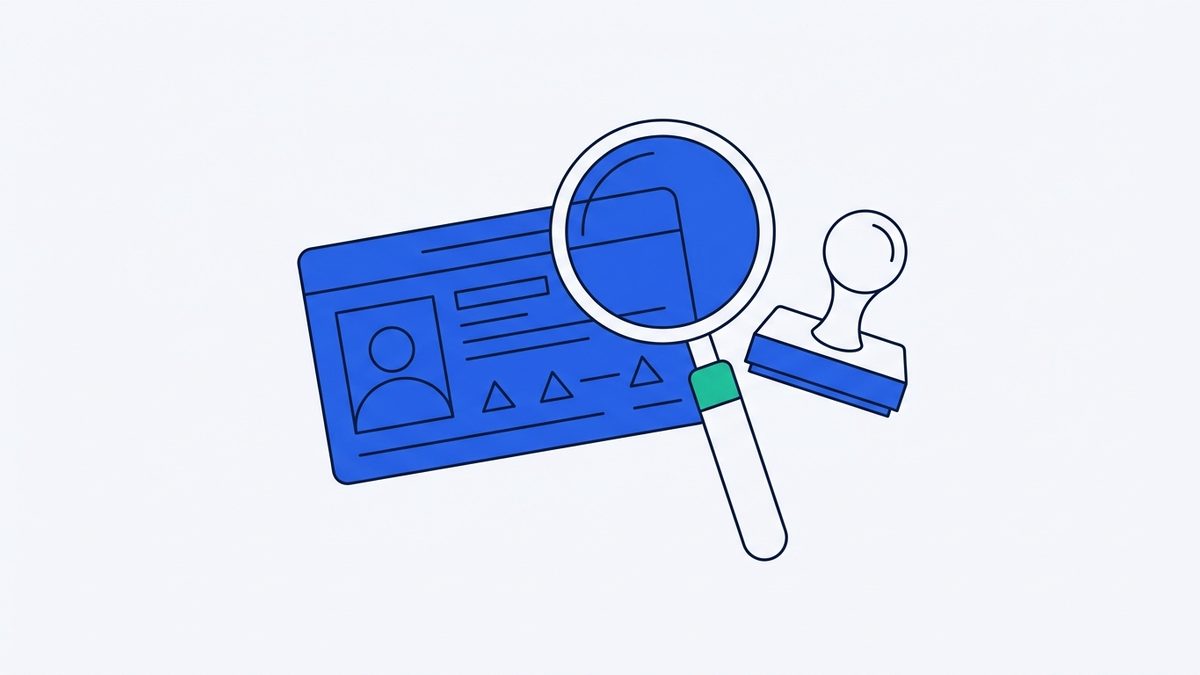 An identification card, a magnifying glass, and a rubber stamp.