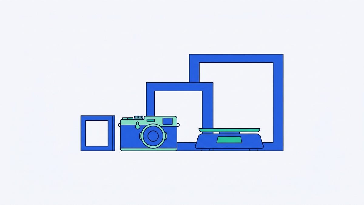 a compact camera, a postage scale, and three square frames of different sizes