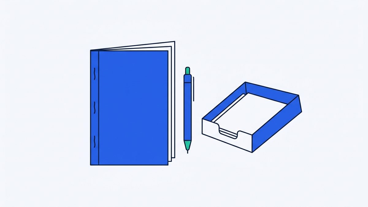 a stapled exam booklet, a pen, and a printer tray