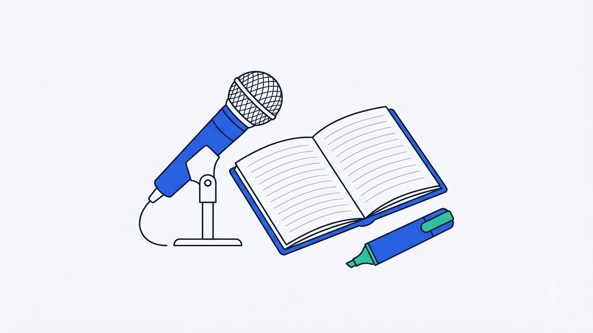 영어 면접 스크립트 발음과 강세를 연습하기 위한 마이크와 노트, 형광펜을 나타낸 삽화