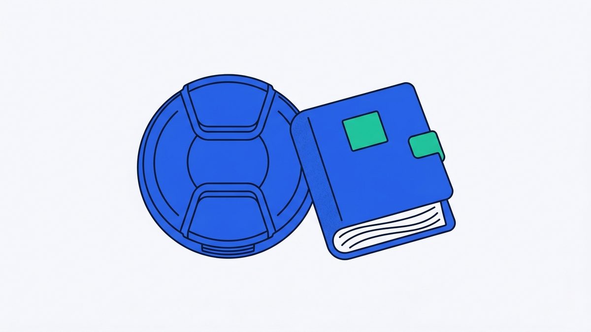 a camera lens cap and a small photo album