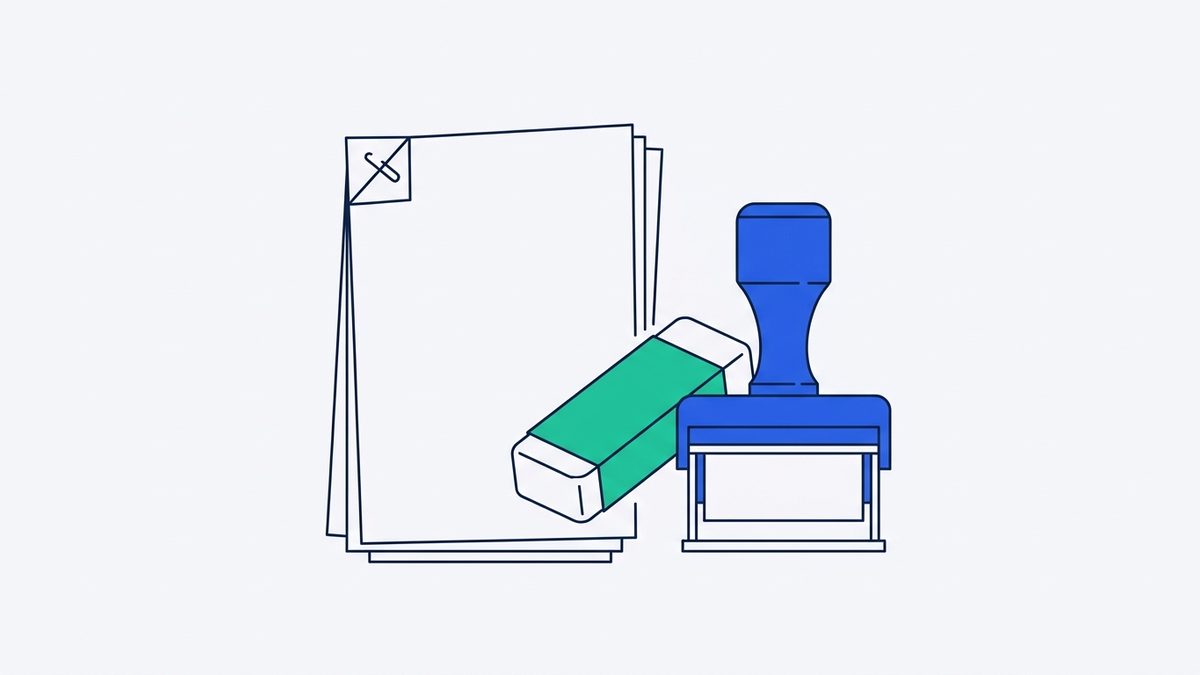 A stapled stack of documents, an eraser, and a stamp.