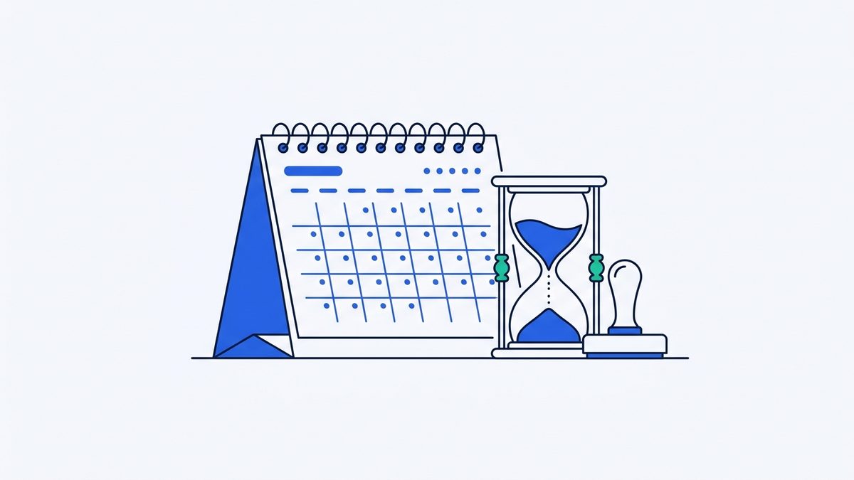 a desk calendar, a small hourglass, and a stamp