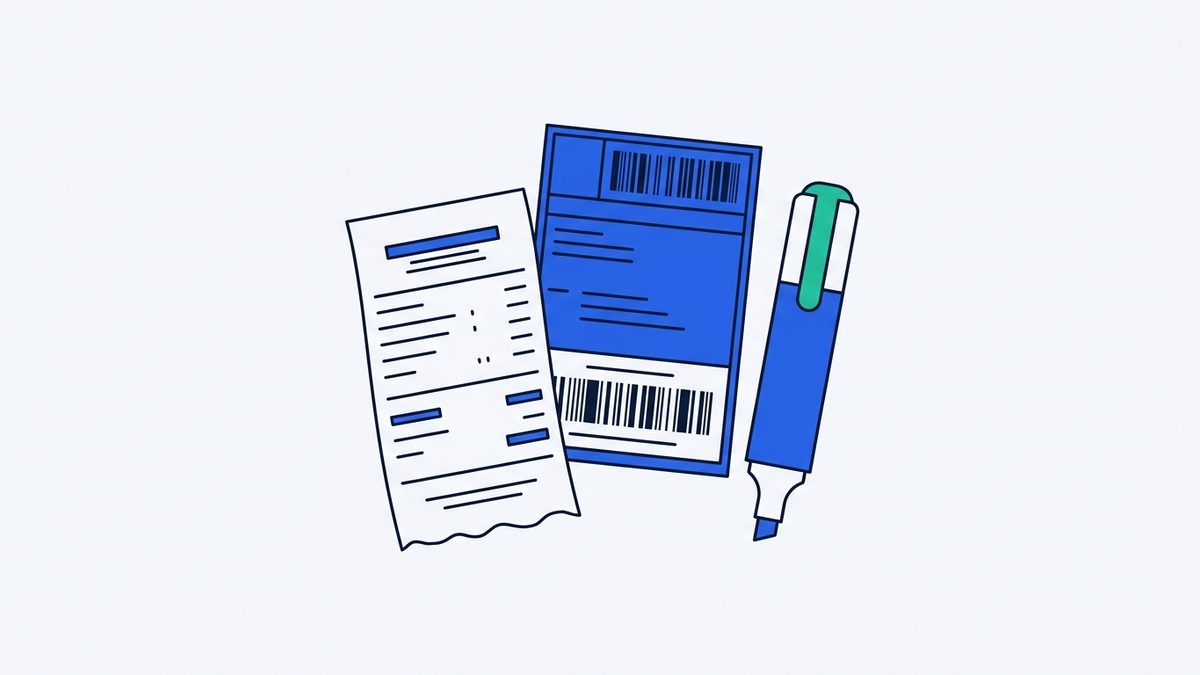 a paper receipt, a shipping label, and a wide marker