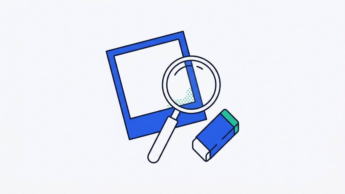 an instant photo print, a magnifying glass, and an eraser