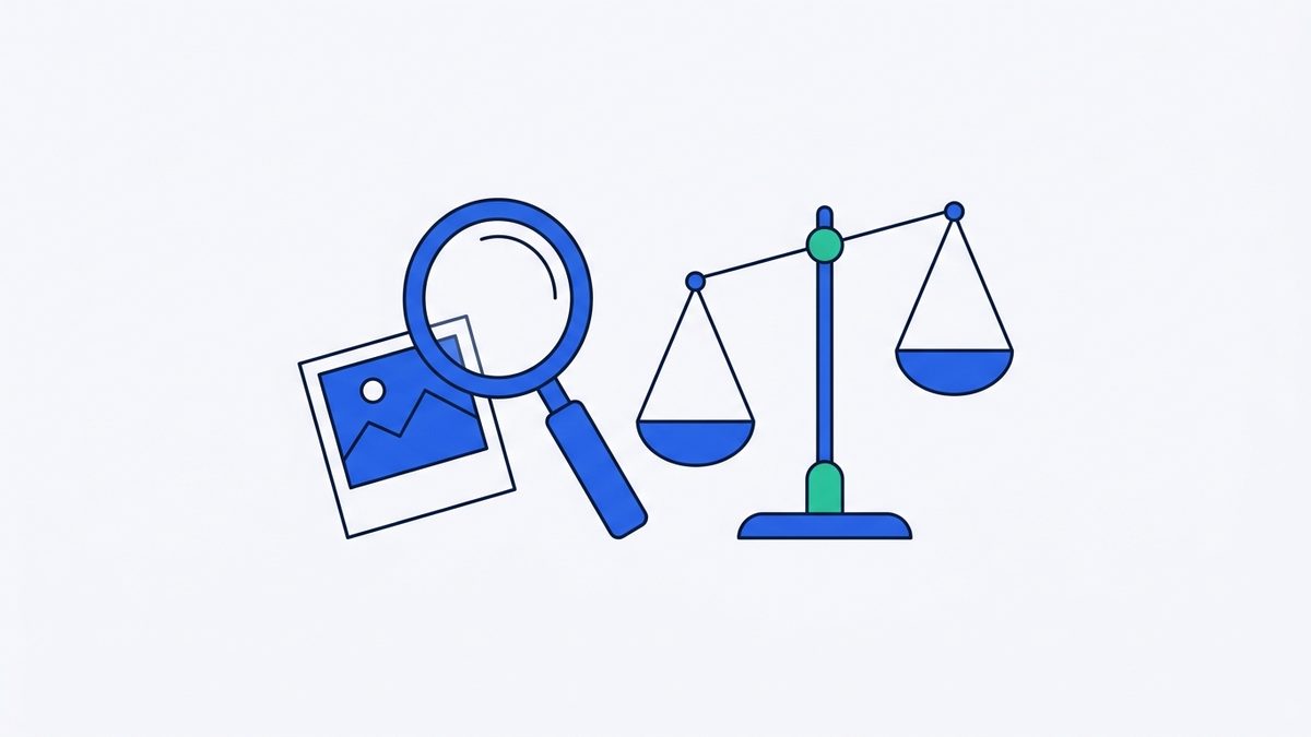 a small printed photograph, a magnifying glass, and a balance scale