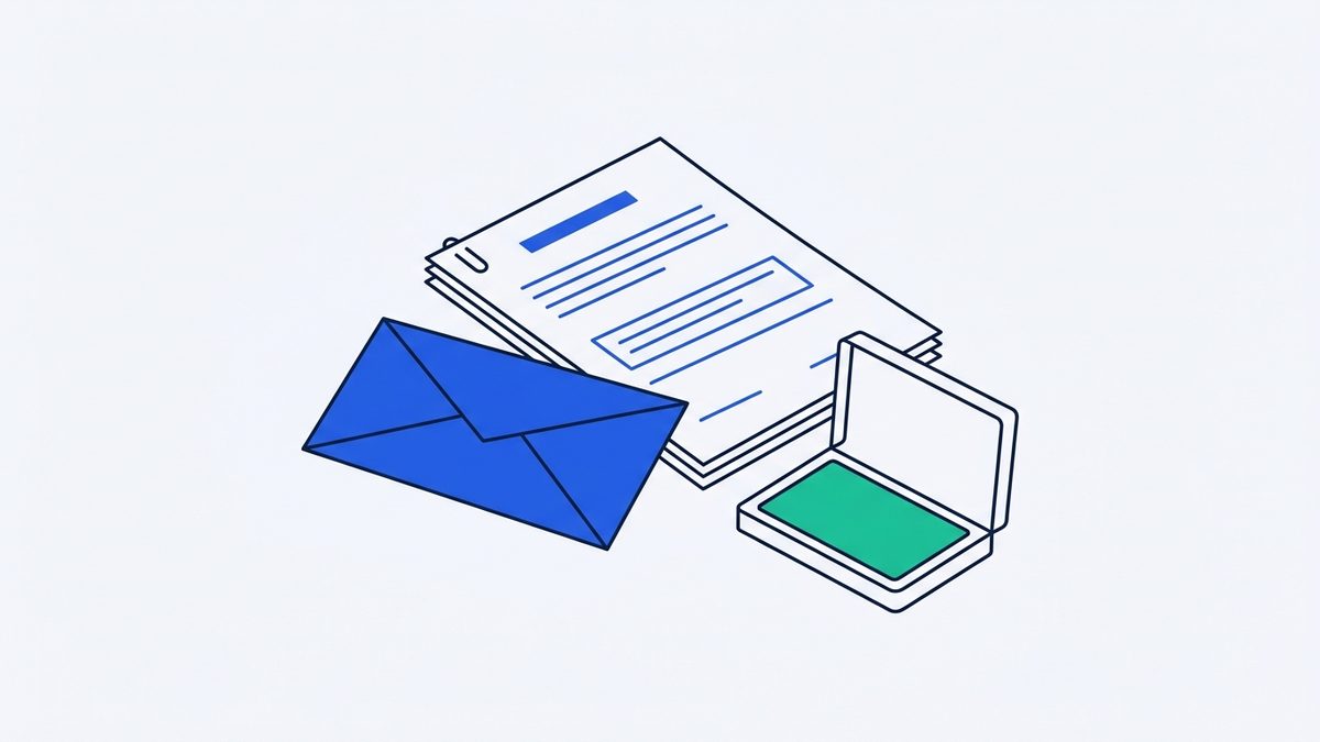 a stapled paper contract, an envelope, and an ink pad