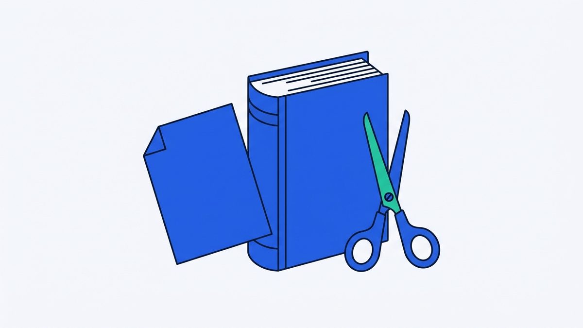 a thick textbook, a loose sheet of paper, and a pair of scissors