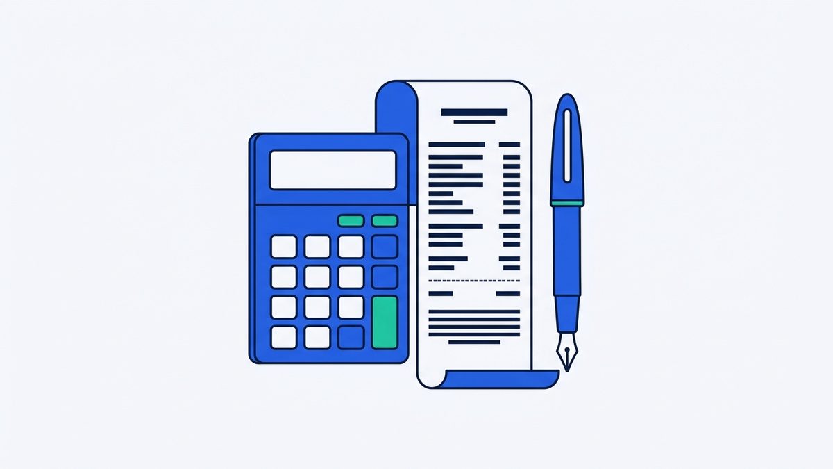 A pocket calculator, a paper receipt, and a fountain pen.