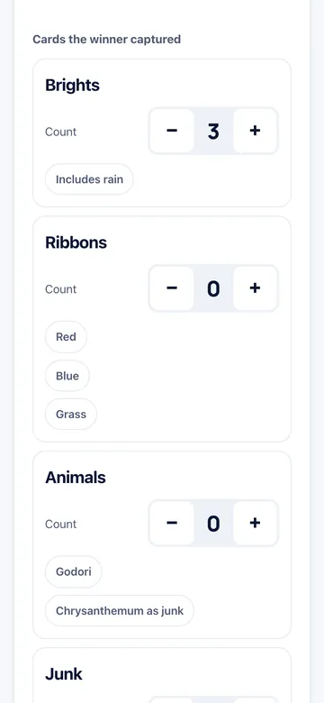 Enter card counts with +/−, sets with one tap