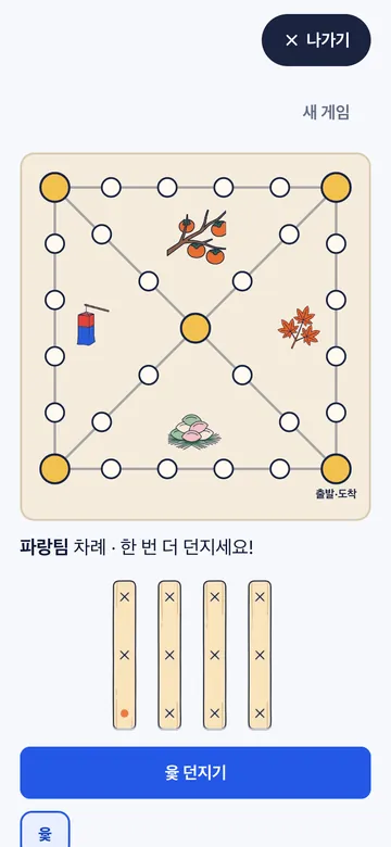 윷을 던지면 윷가락이 굴러가고 결과가 나와요