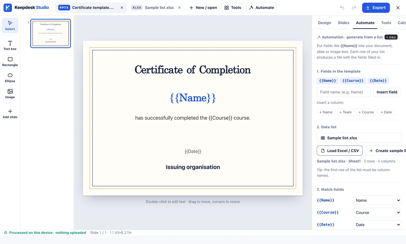 Keepdesk Studio: una plantilla de certificado conectada a una lista de muestra